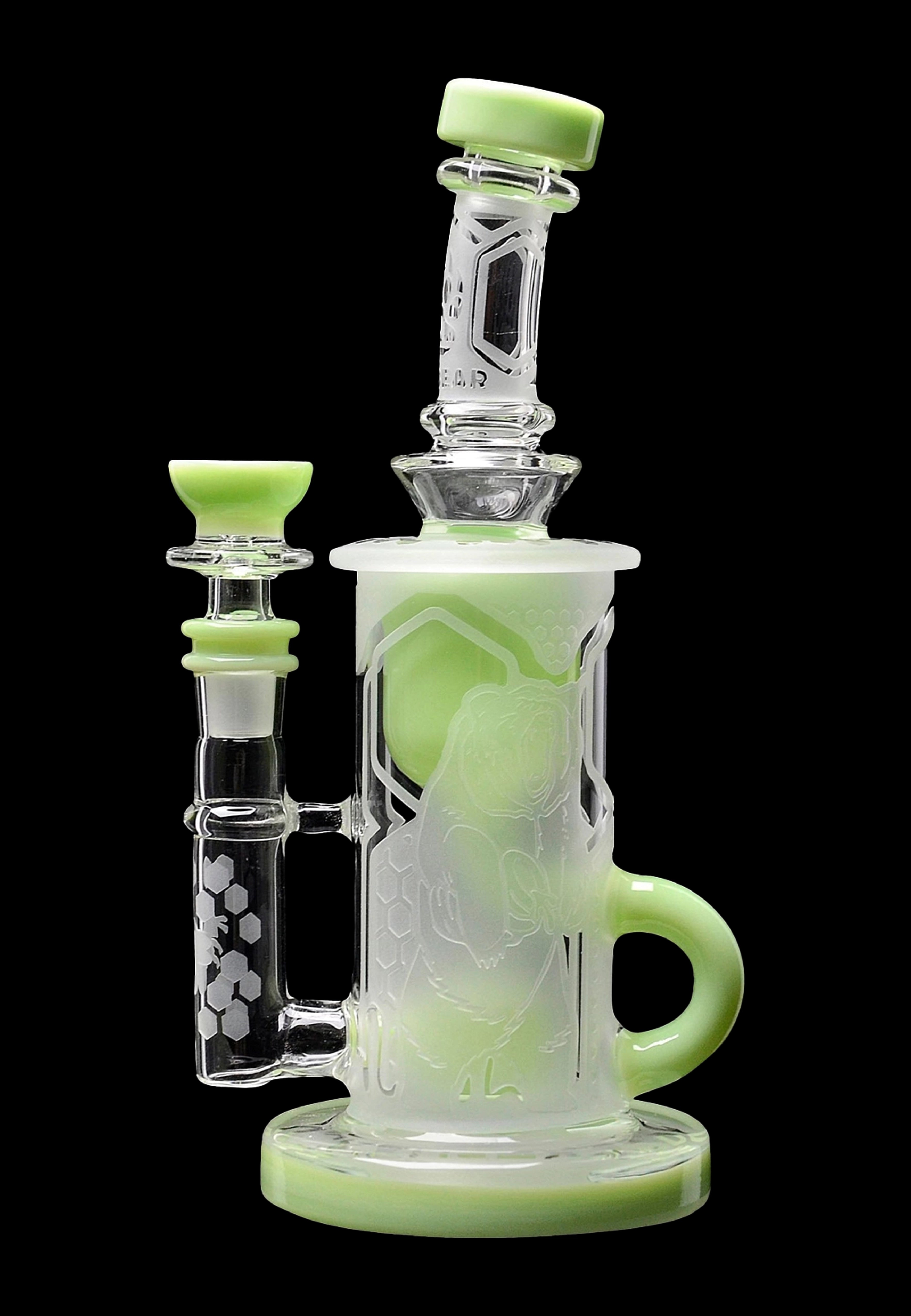 Green glass water pipe (bong) with intricate bubbler design.