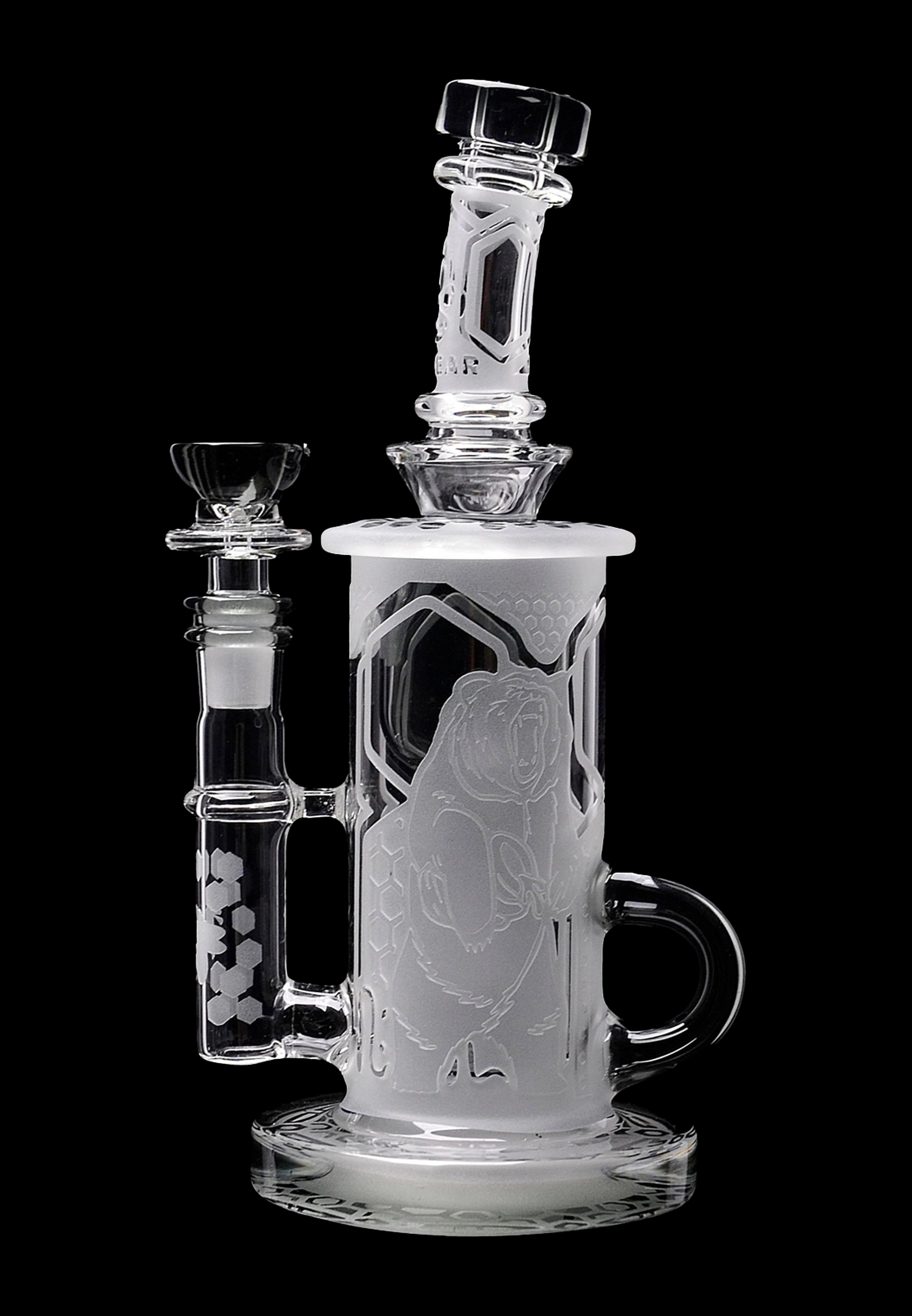 Frosted glass water pipe (bong) with intricate sculpted figures, featuring a separate downstem and bowl.