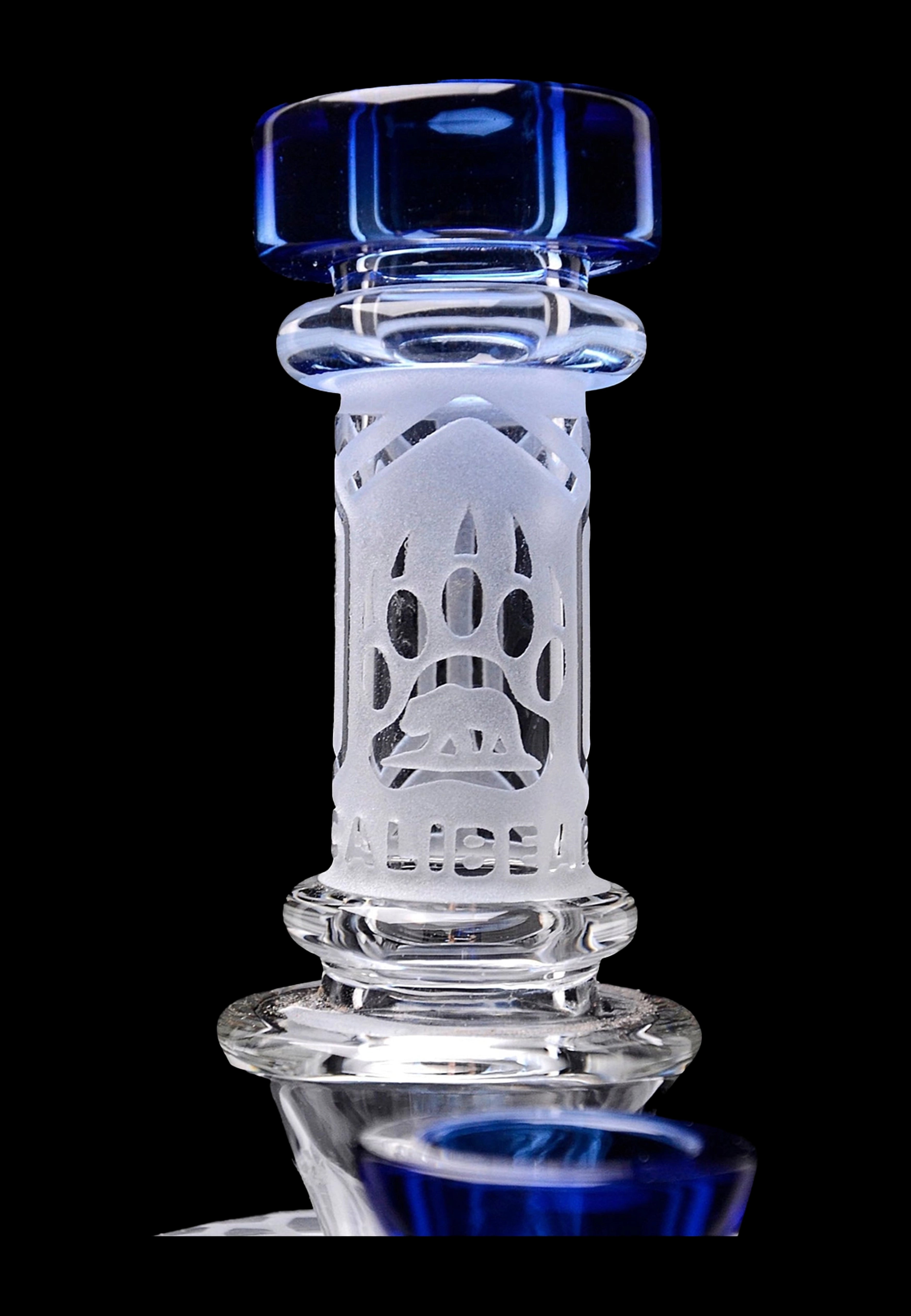 Frosted glass cannabis water pipe with blue accents.