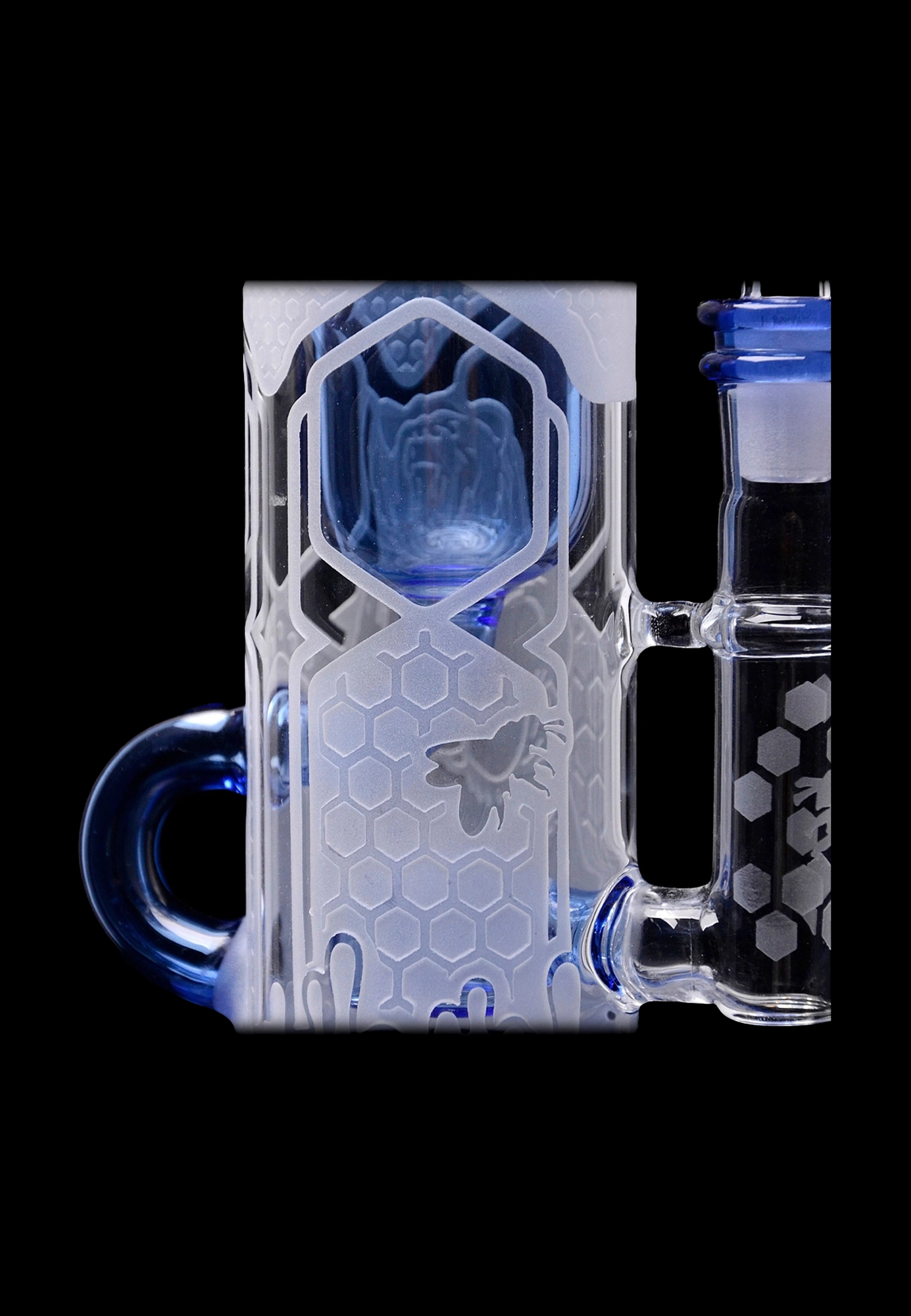 Clear glass water pipe with blue accents, honeycomb pattern, and sculpted bee detail.