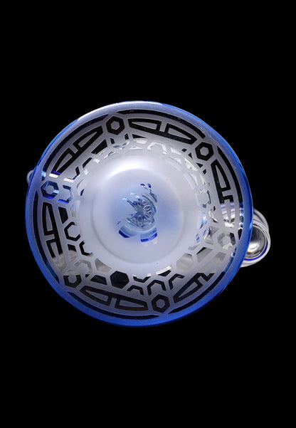 Blue glass bubbler with geometric patterns, viewed from above.