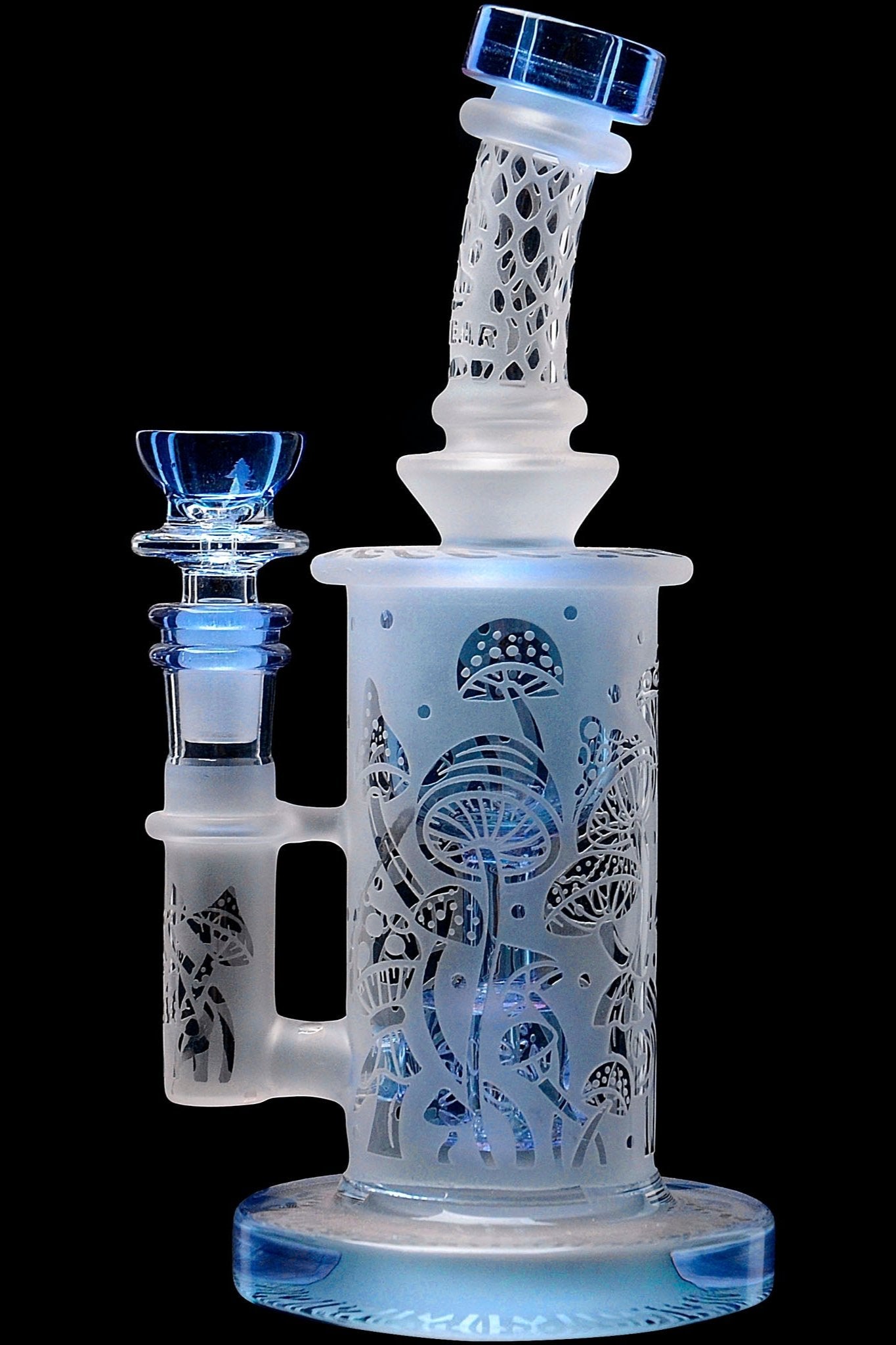 Frosted glass water pipe with intricate mushroom designs and blue accents, against a black background.