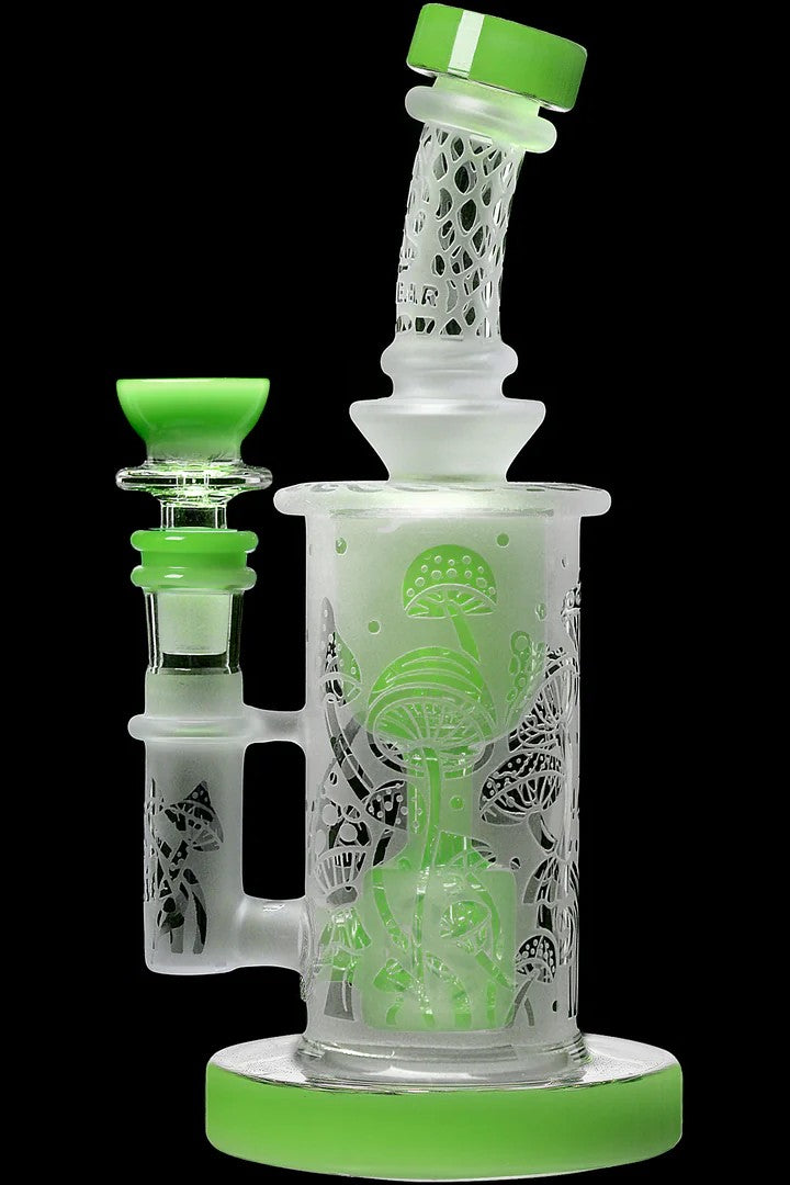 Frosted green glass water pipe (rig) with intricate mushroom designs, featuring a glass bowl and mouthpiece.