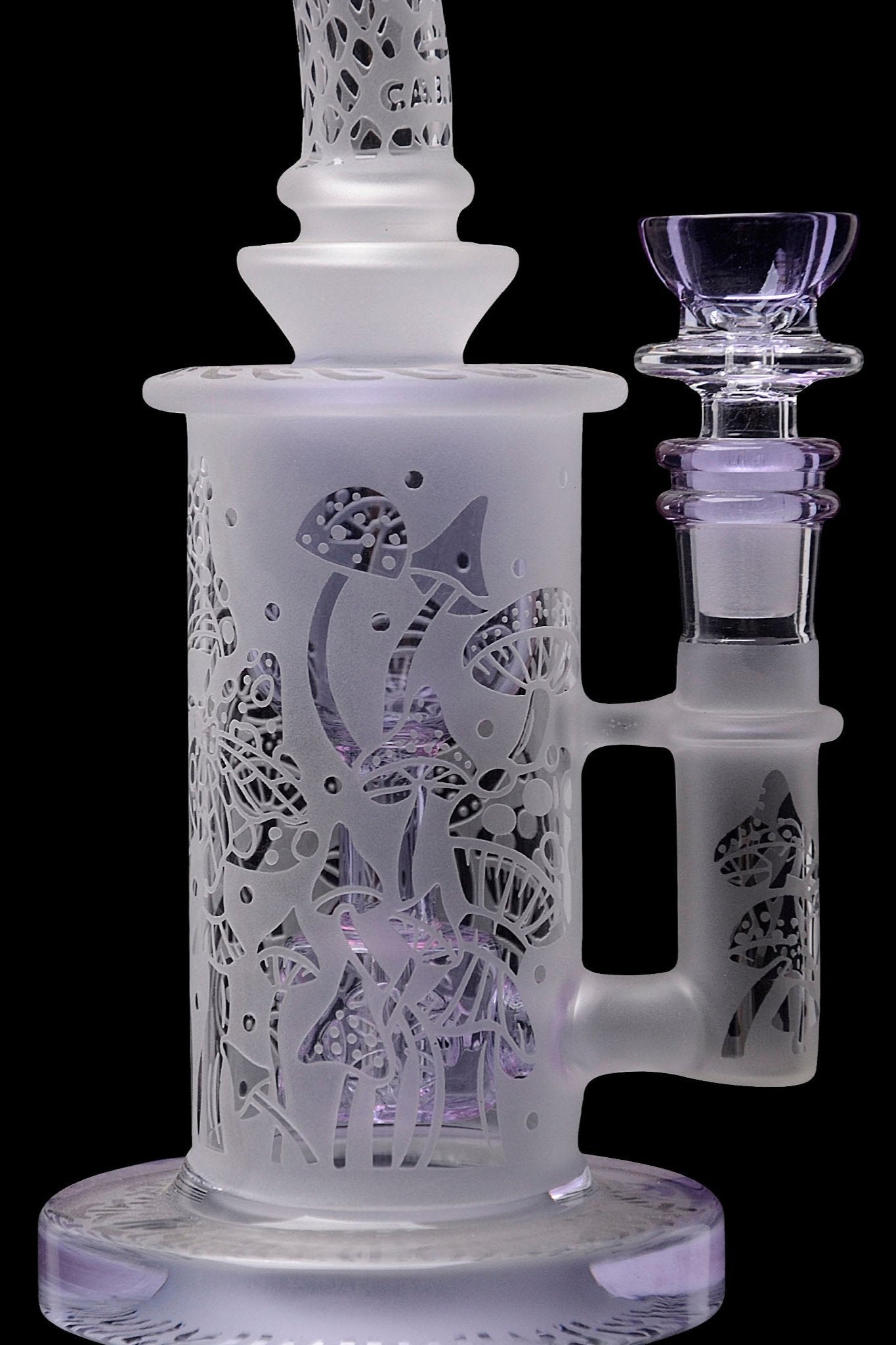 Frosted glass water pipe (bong) with intricate floral designs and a clear glass bowl.