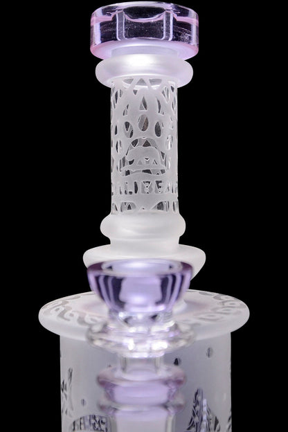 Frosted glass cannabis water pipe with purple accents.