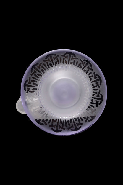 Lavender glass pipe with intricate mushroom designs.