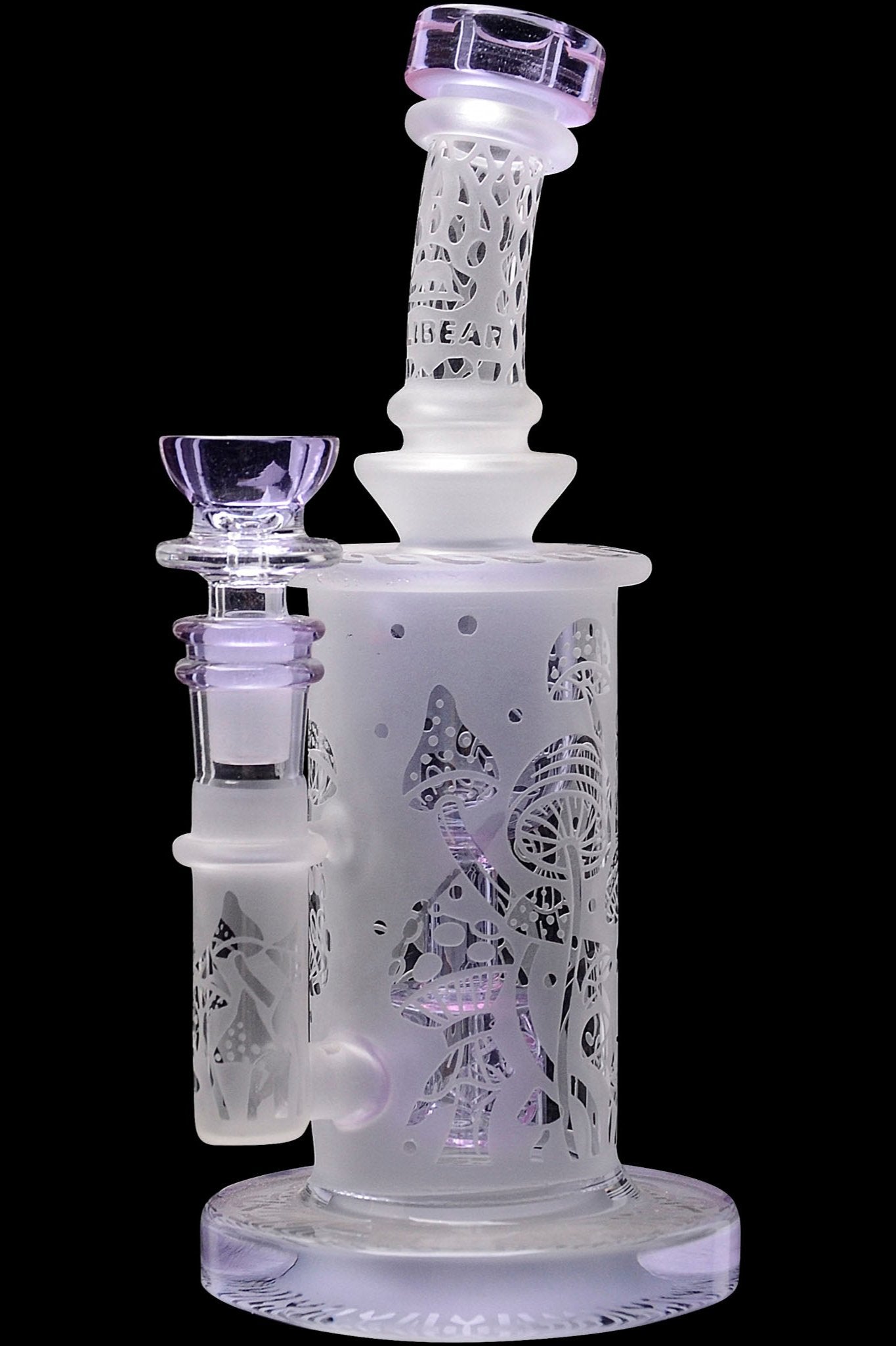 Frosted glass water pipe with butterfly designs and lavender accents.
