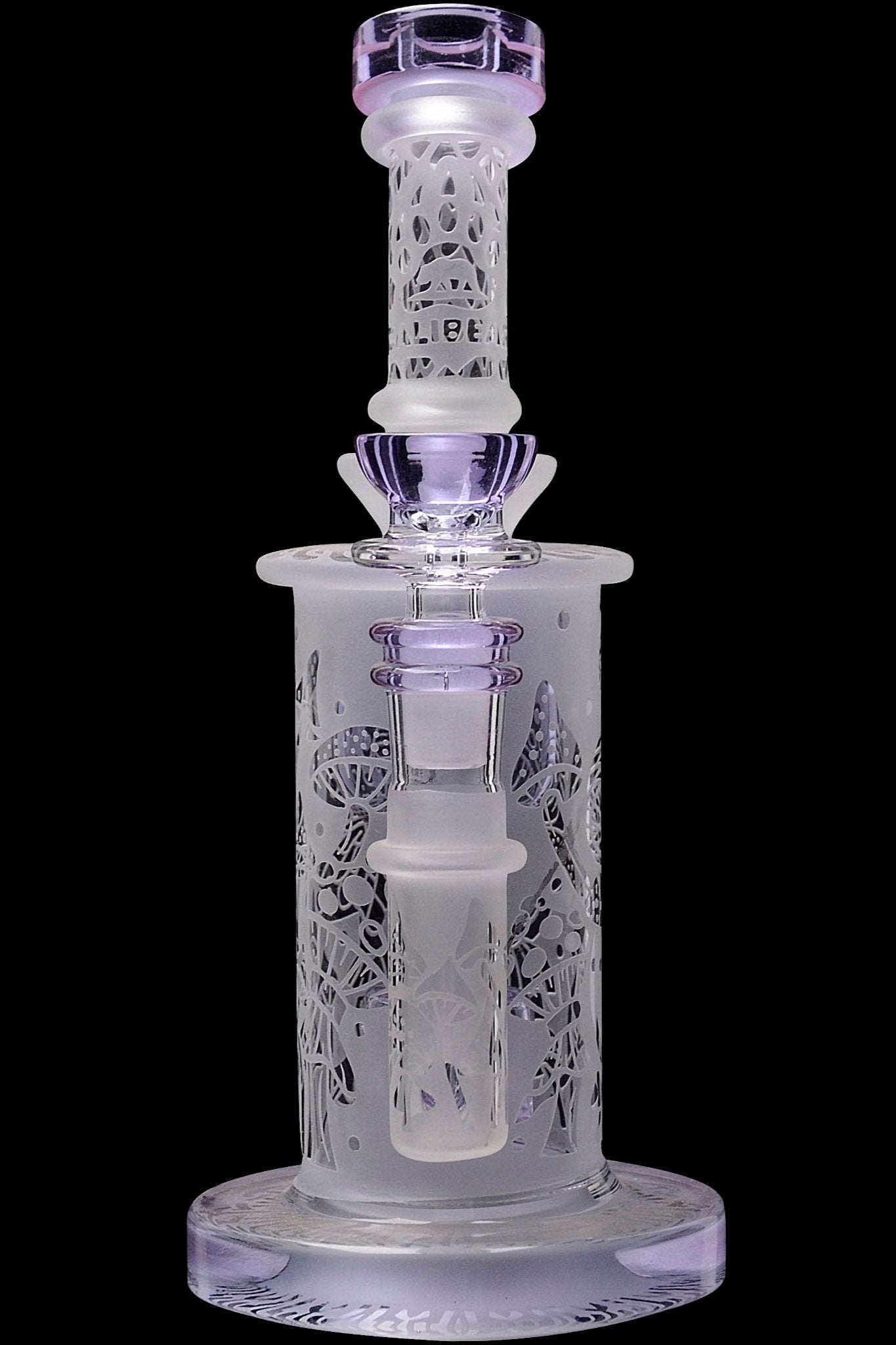 Purple glass bubbler with intricate latticework design.