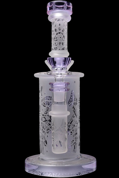 Purple glass bubbler with intricate latticework design.