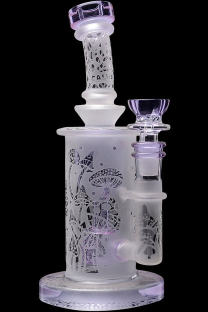 Frosted glass water pipe with etched butterfly designs, featuring a clear glass bowl.