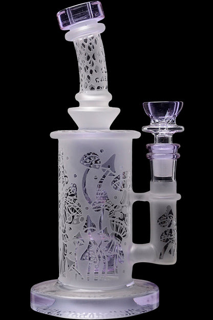 Frosted glass water pipe with intricate mushroom designs and purple accents.