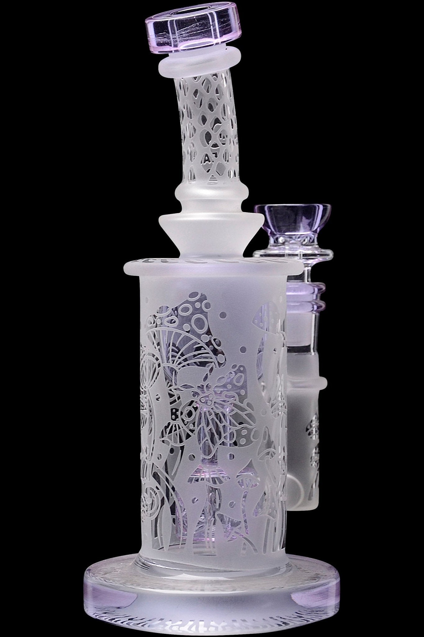Frosted glass water pipe with intricate floral designs, illuminated with purple lighting.