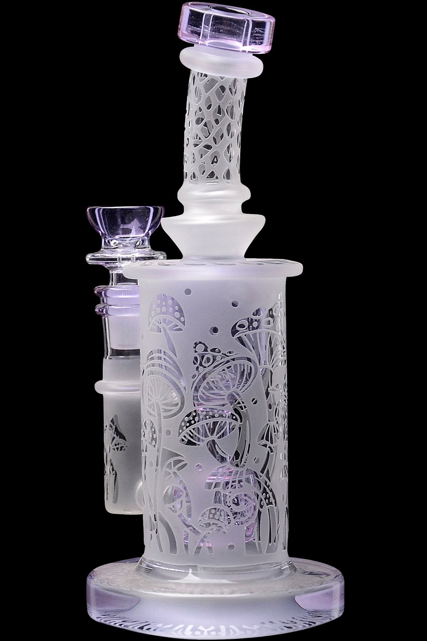 Frosted glass water pipe with intricate floral designs, featuring a purple mouthpiece and base.
