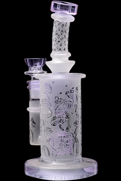 Frosted glass water pipe with intricate floral designs, featuring a purple mouthpiece and base.