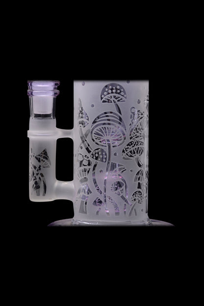 Frosted glass water pipe with etched mushroom design.
