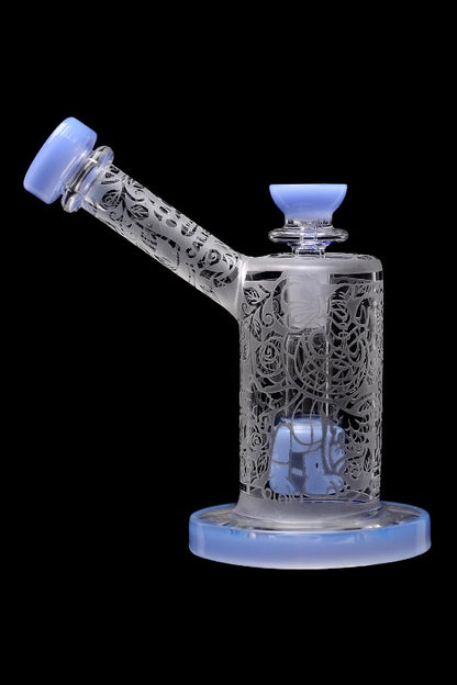 Intricately carved glass rig with blue accents.