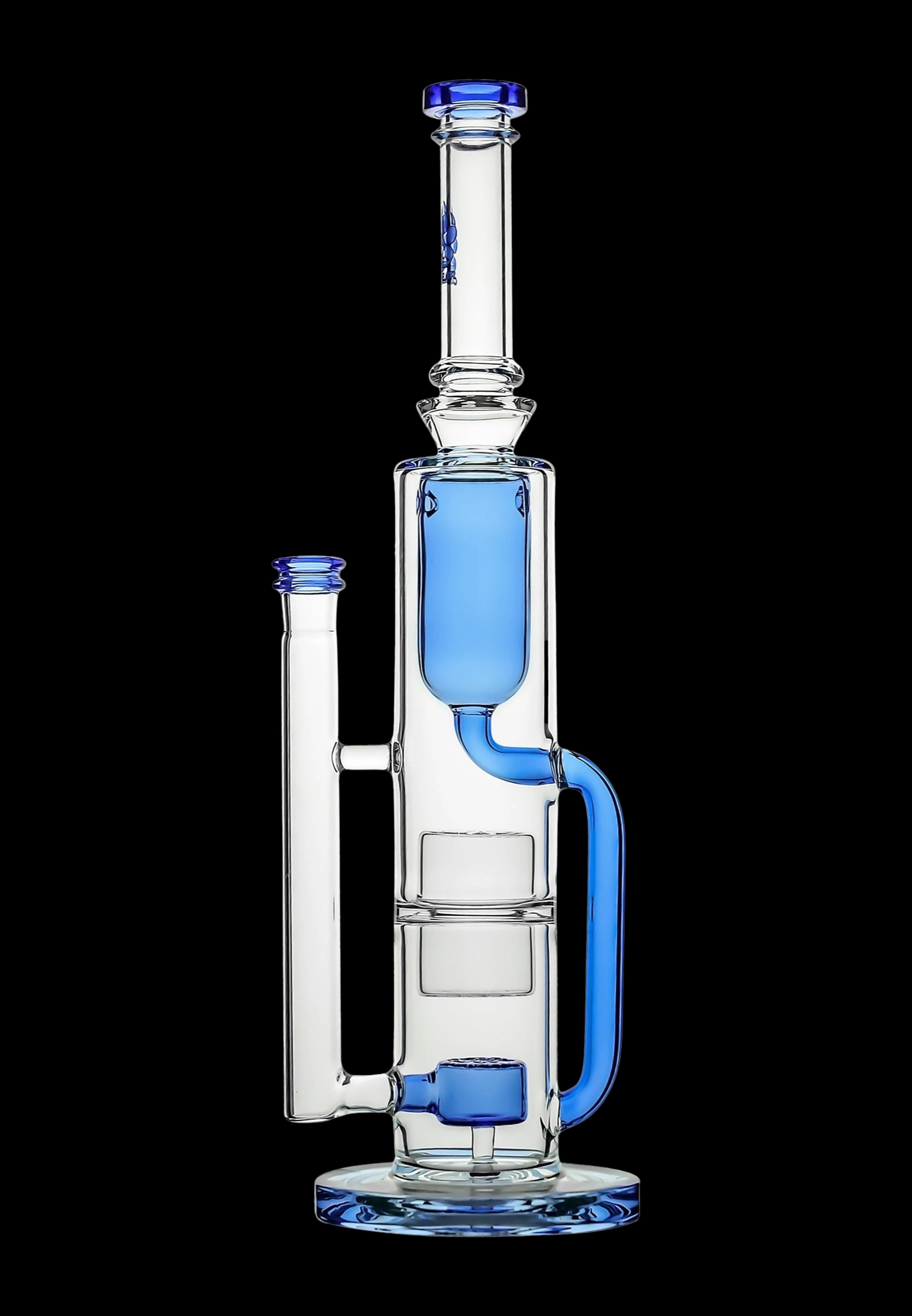 Blue glass water pipe (rig) with multiple chambers and percolators.