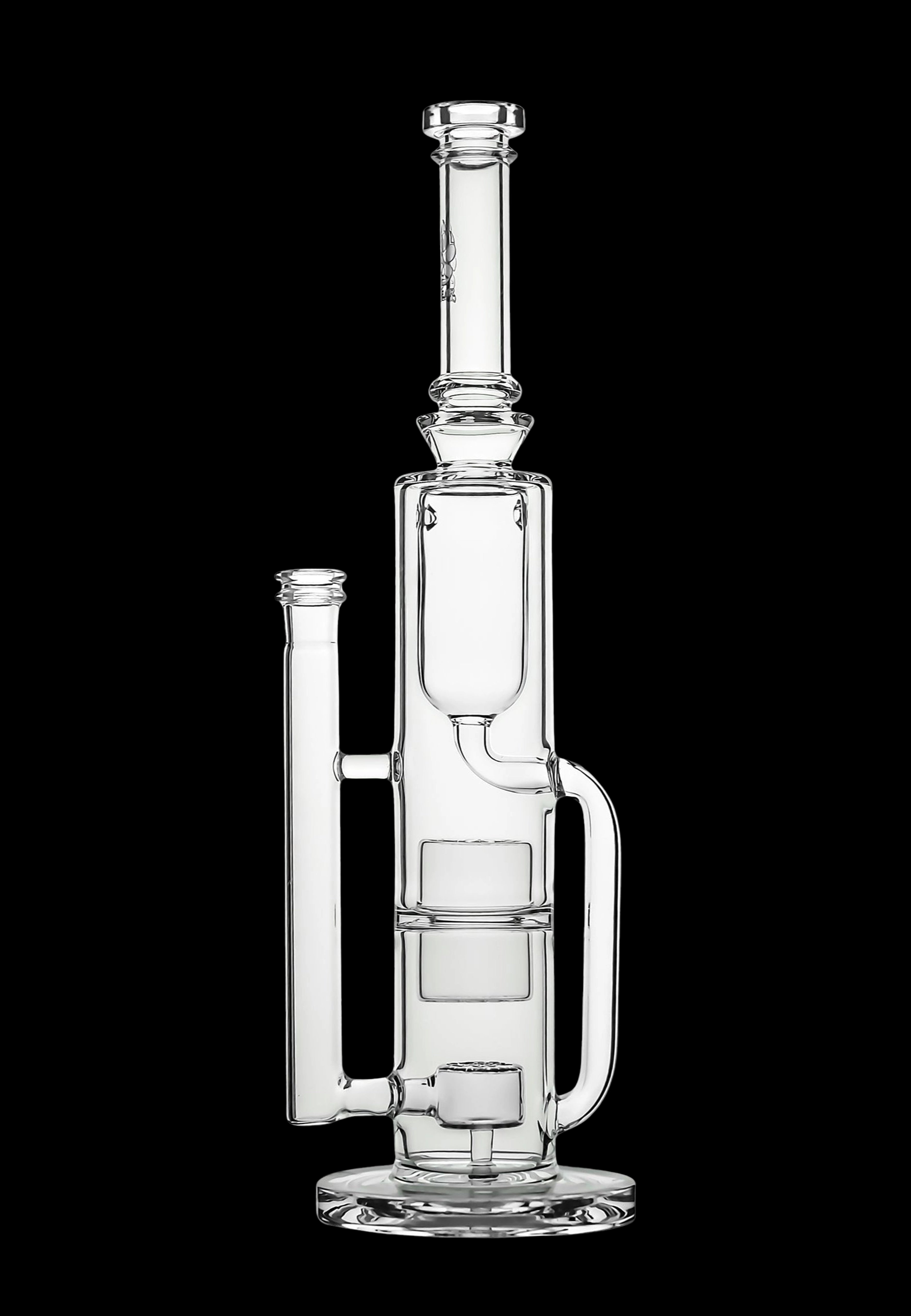 Clear glass water pipe (rig) with multiple chambers and percolation features, isolated on a black background.