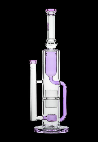 Purple and clear glass water pipe (rig) with multiple chambers and percolators.