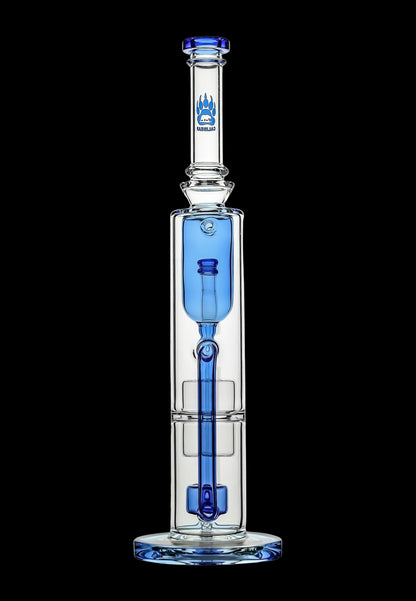 Blue glass water pipe (bong) with intricate bubbler design.