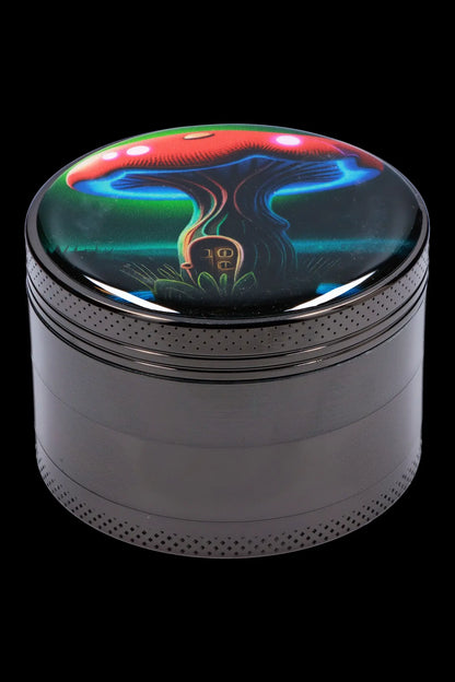 Metal cannabis grinder with a colorful mushroom design on the lid.
