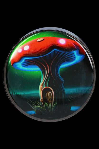 Psychedelic mushroom-shaped ashtray with glowing blue and red hues.
