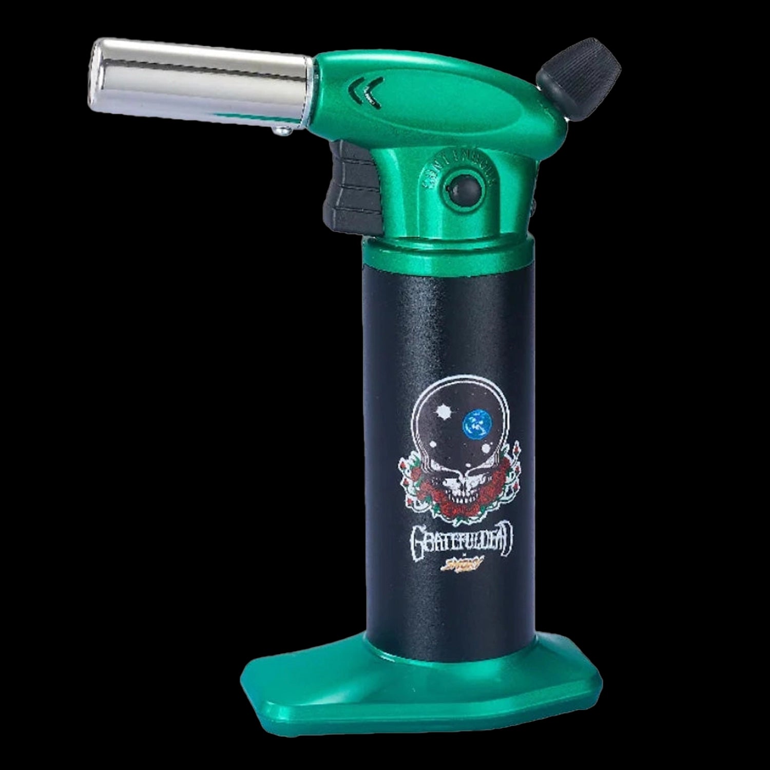 Close-up front view of the Grateful Dead Vulcan Torch showing its green metal top, black body with skull artwork, and green base against a black background.