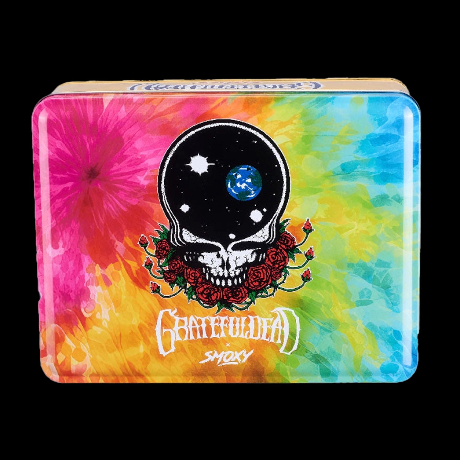 Top-down view of a colorful tie-dye tin featuring the Grateful Dead Vulcan Torch skull logo surrounded by red roses.