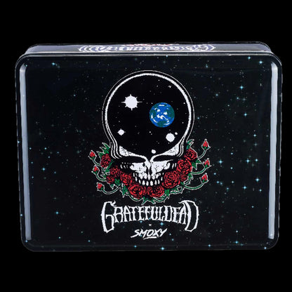 Top-down view of a black starfield tin featuring the Grateful Dead Dragon Torch skull motif with roses and a small Earth illustration, Grateful Dead Dragon Torch