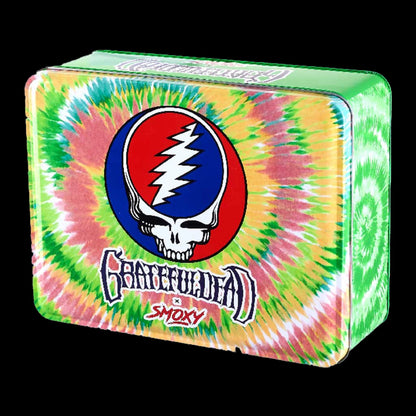 Angled close-up of a yellow tie-dye tin featuring the Grateful Dead Flex Torch logo and skull bolt motif.