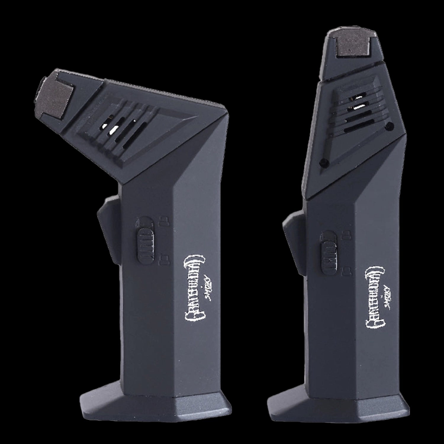 Close-up front and angled views of two black Grateful Dead Flex Torch lighters showing textured heads and side control switches.