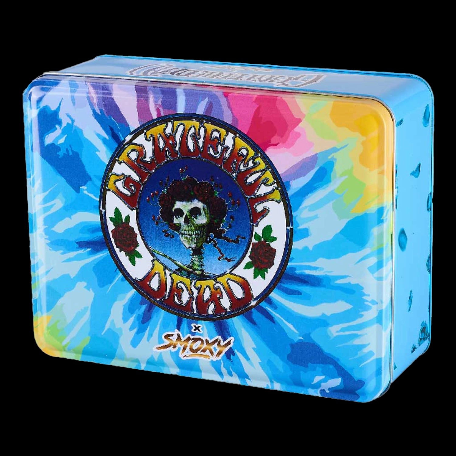 Angled close-up of the blue tie-dye tin featuring the Grateful Dead Flex Torch logo with a skeleton face wreath on the lid.