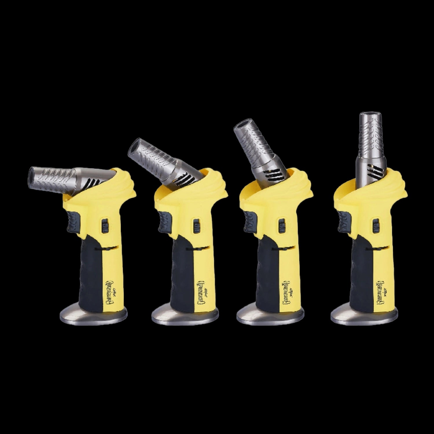 Row of four yellow Grateful Dead Alternator Torch lighters on a black background showing progressive nozzle angles.