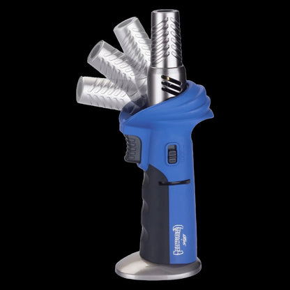Close-up front view of the blue Grateful Dead Alternator Torch showing its rotating silver nozzle captured in multiple angled positions.