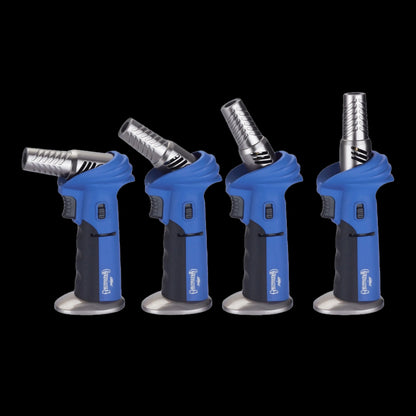 Row of four blue Grateful Dead Alternator Torch lighters shown from left-angled to upright profile on a black background, metal nozzles and trigger details visible