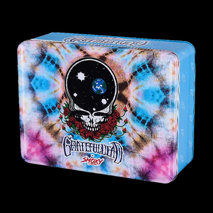 Angled front view of the Grateful Dead The Rock Torch tin with a tie-dye background and a skull, roses, and Earth motif.