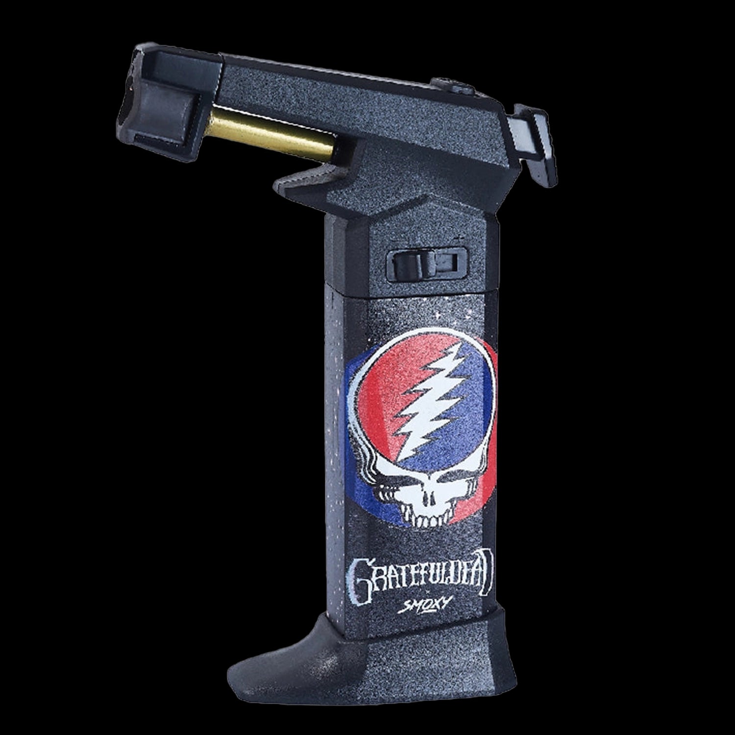 Angled close-up of the Grateful Dead The Rock Torch showing its black igniter head and skull lightning logo on the front.