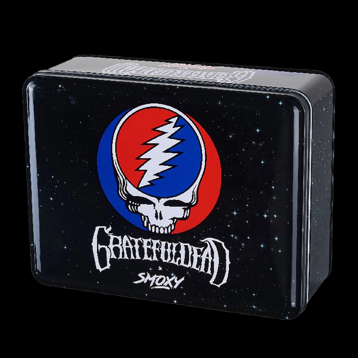 Angled close-up of the Grateful Dead The Rock Torch tin showing the red-and-blue lightning skull on a starry black background.