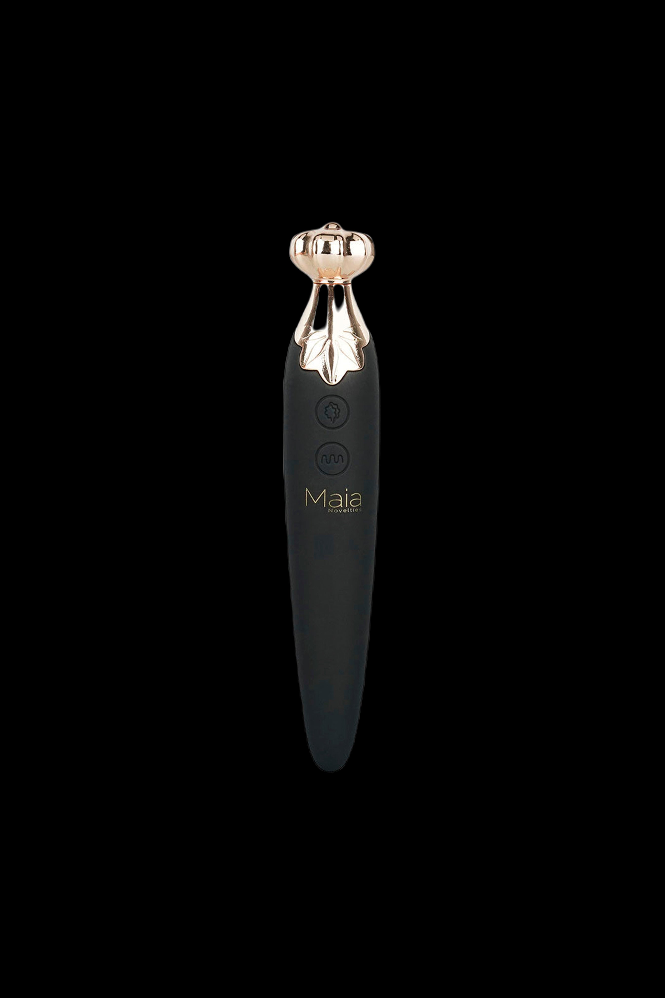 Elegant black and gold cannabis vaporizer pen with the “Maia” brand logo.
