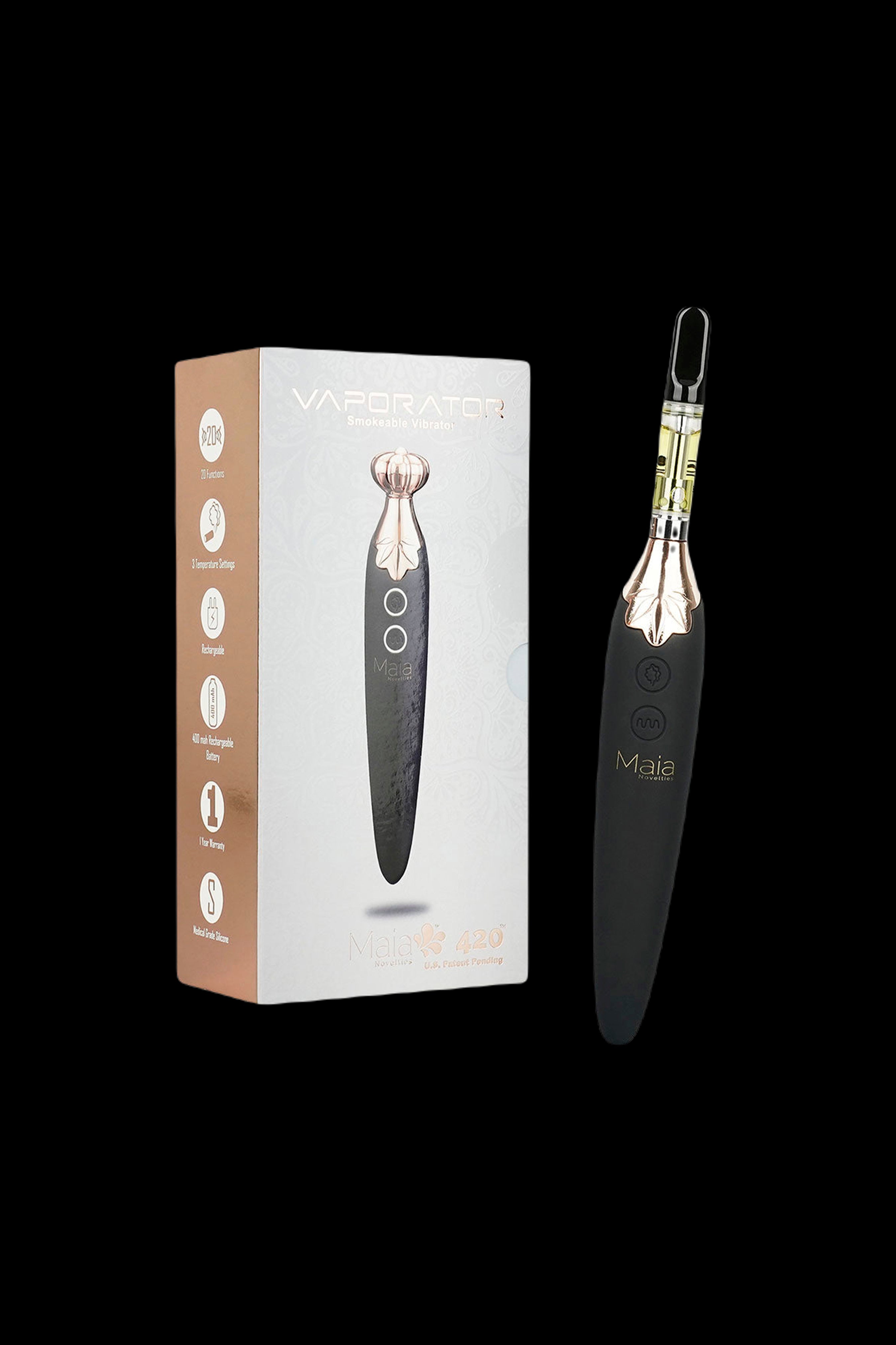 Sleek black and gold cannabis vape pen packaging with a glass cartridge visible inside. <start_of_image>