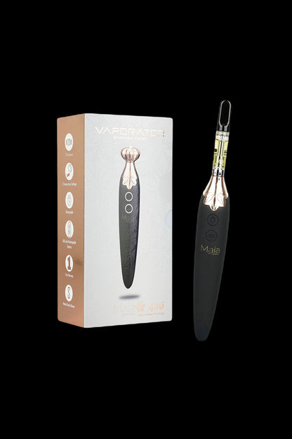 Sleek black and gold cannabis vape pen packaging with a glass cartridge visible inside. <start_of_image>