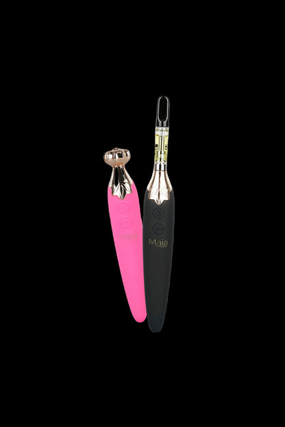 Two sleek, pen-style cannabis vape devices – one pink and one black – displayed against a black background. 