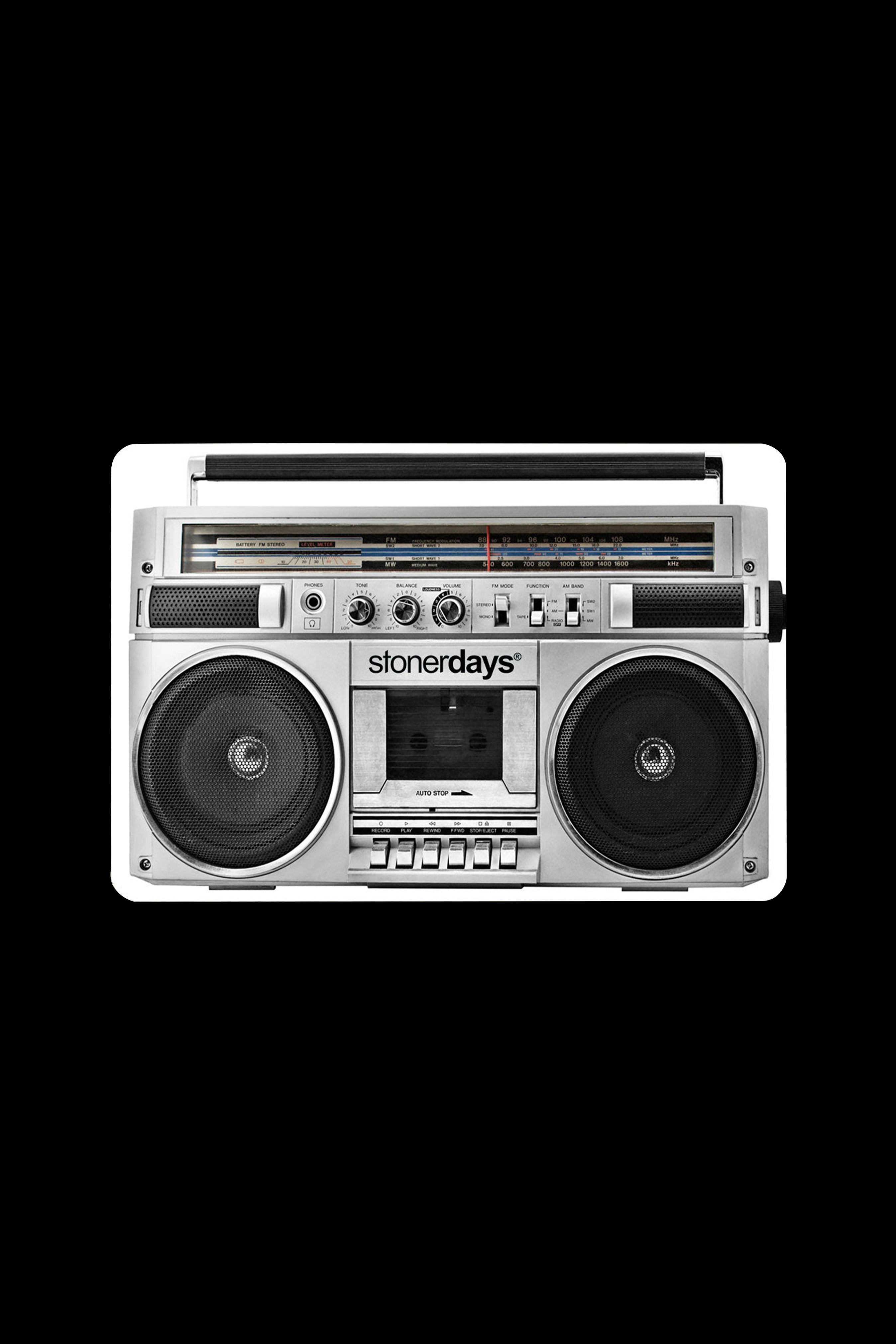 Vintage boombox with “stonerdays” branding, isolated on a black background.