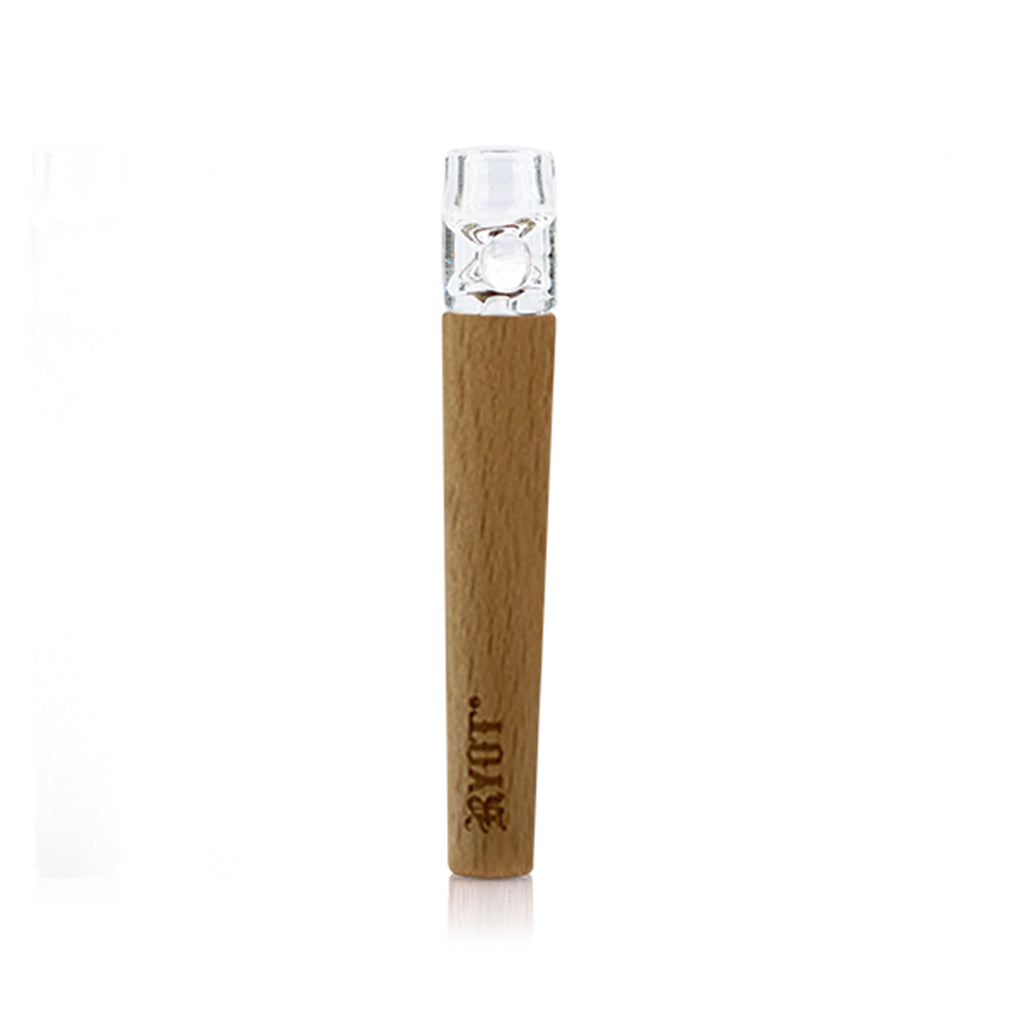 Centered vertical studio shot of the RYOT Wooden One Hitter With Glass Tip showing a walnut wooden body with a clear glass tip against a white background