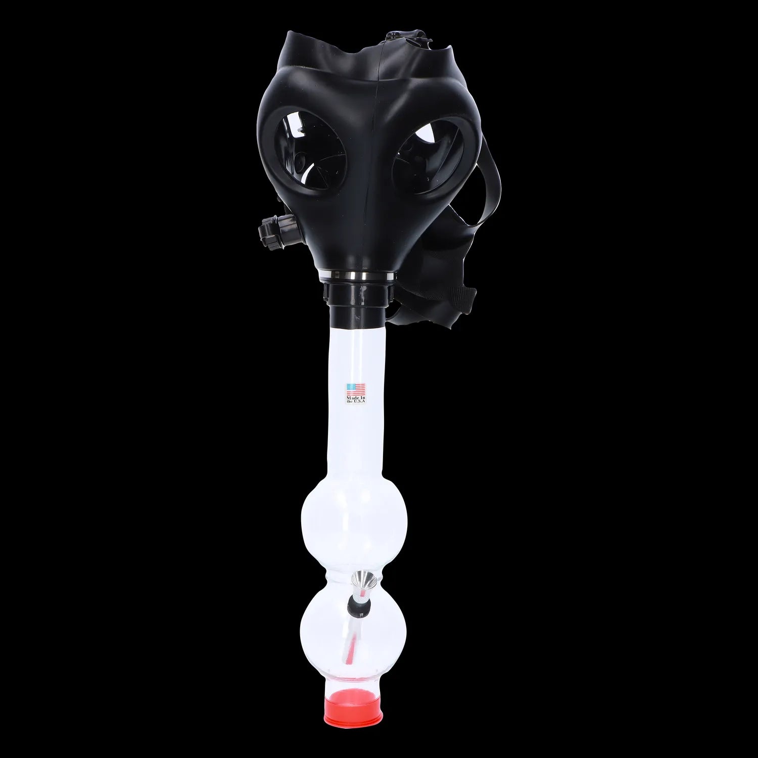 A front view of the JM Plastics Black Gas Mask with Bright Acrylic Water Pipe, showing a dark mask paired with a clear, colorful pipe.