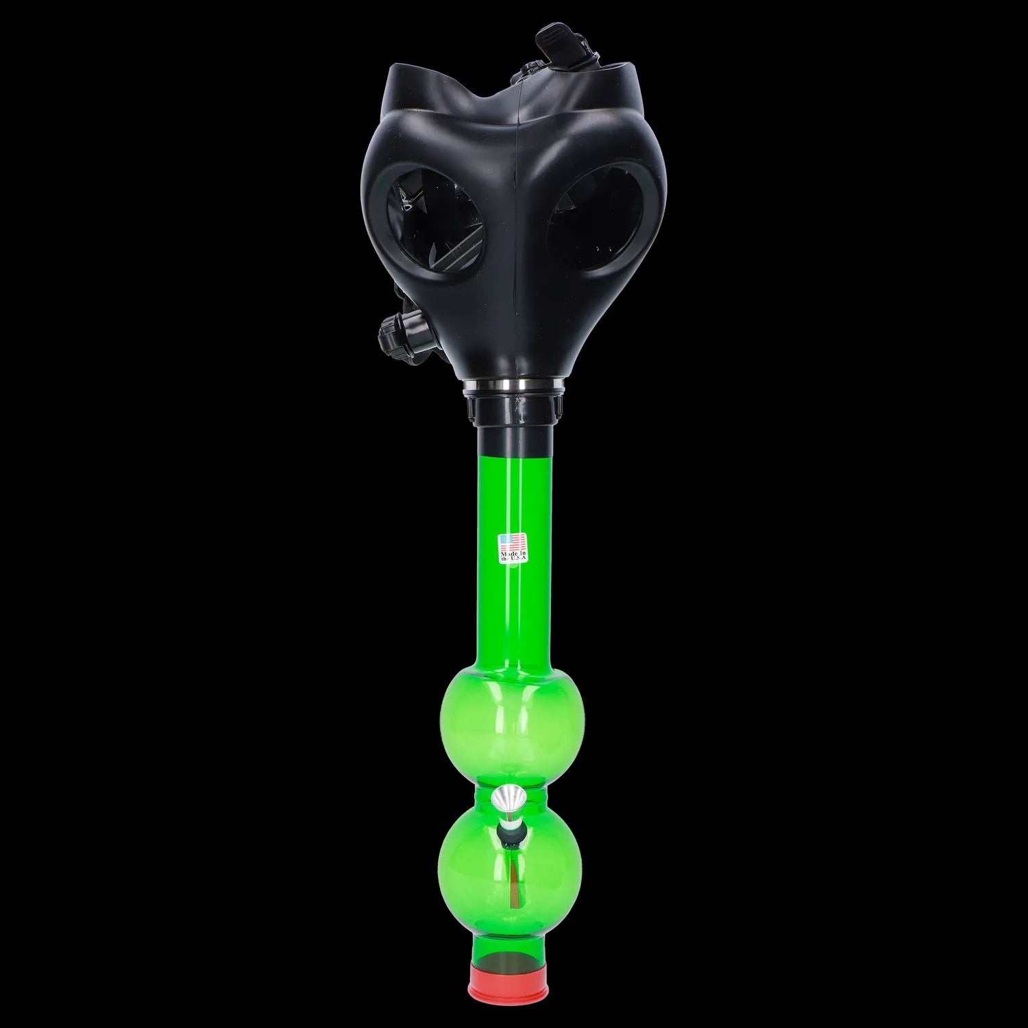 A front view of the JM Plastics Black Gas Mask with Bright Acrylic Water Pipe, showing the dark mask connected to a colorful pipe.