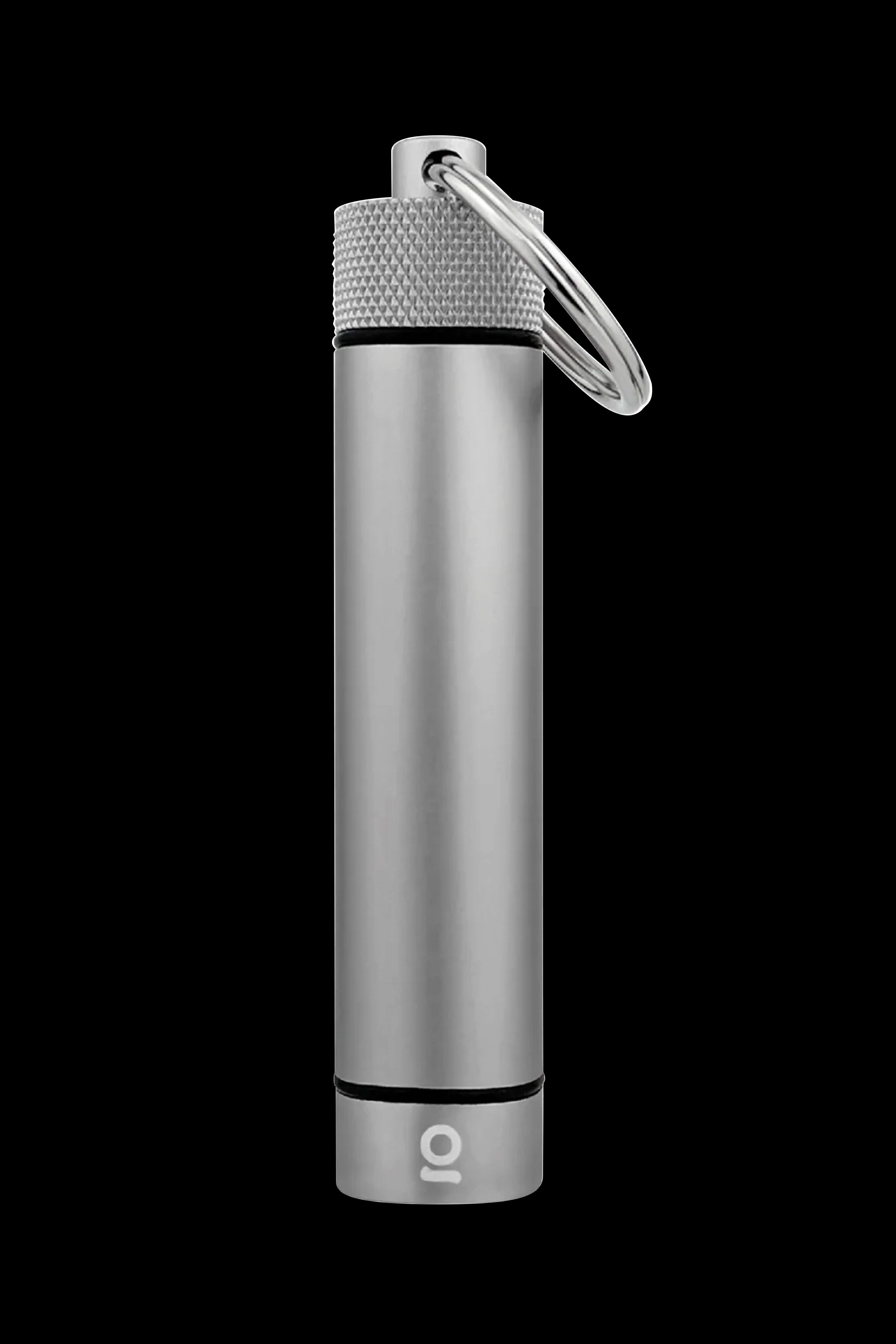 Silver cannabis oil vape pen with keychain attachment against a black background.