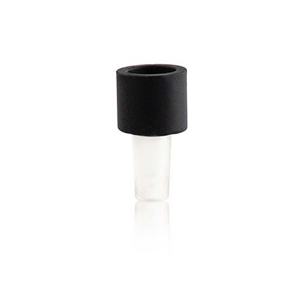 Centered front view of the RYOT Silicone Stem With Glass Bowl - 14MM showing a black silicone top over a clear glass stem on a white background.