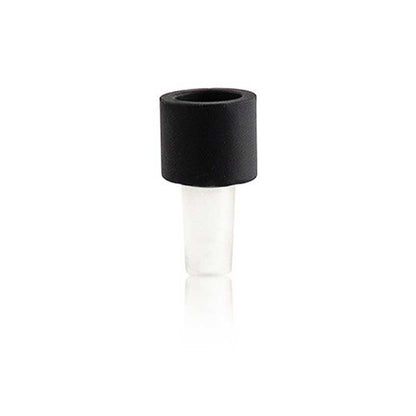 Centered front view of the RYOT Silicone Stem With Glass Bowl - 14MM showing a black silicone top over a clear glass stem on a white background.