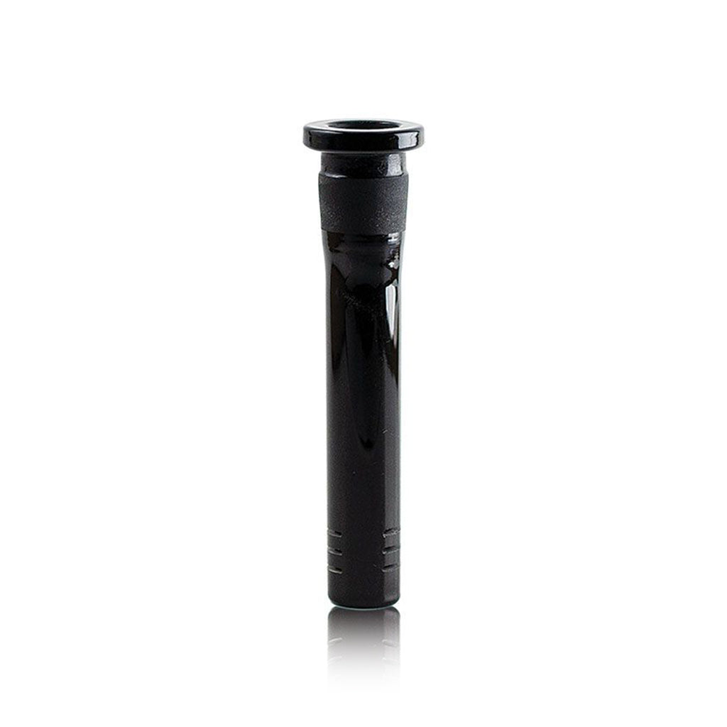 Straight-on studio shot of a black RYOT Silicone Stem With Glass Bowl - 14MM standing upright on a reflective white surface.